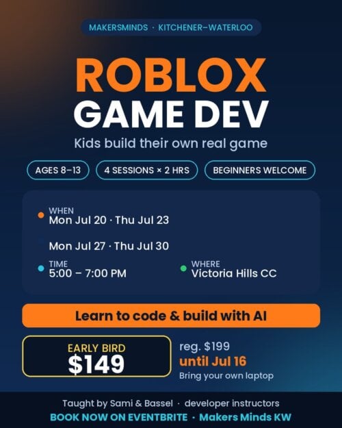 Kids Roblox Game Dev Course Ages 8 13 MakersMinds Child S Life Roblox Flyer Web800 500x625 